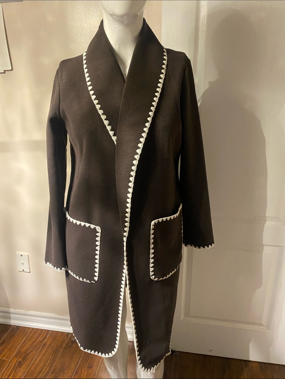 Women's Brown Long Coat with White Trim